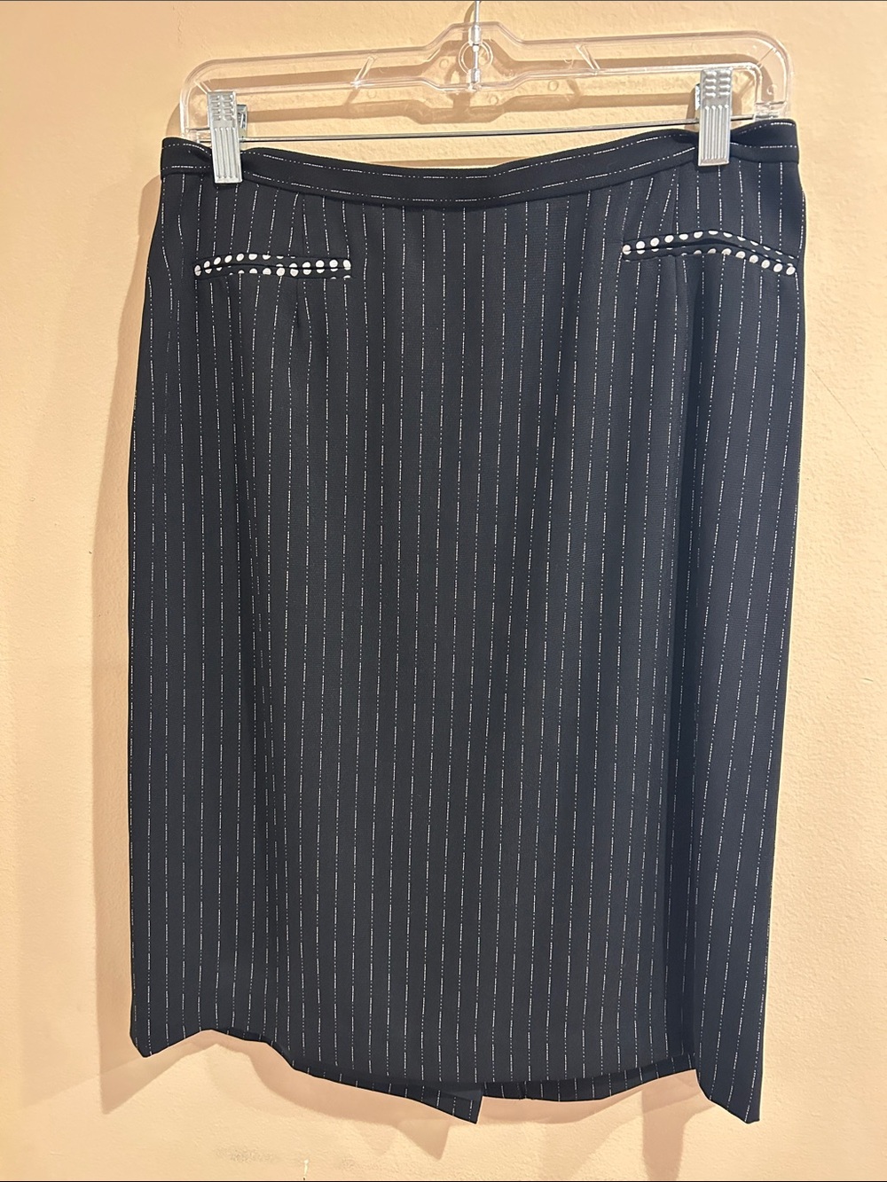 Alberto Makali Black Pinstripe Pencil Skirt with Dot Trim Sz 12 NWT